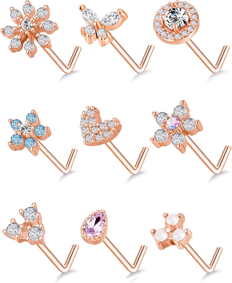 Tornito 9Pcs Nose Rings Stud L Bone Screw Shaped Nose Ring Flower CZ Snowflake Butterfly Screw Nose Stud Body Piercing Jewelry for Women Men 20G Silver Gold Rose Gold Tone - Image 1